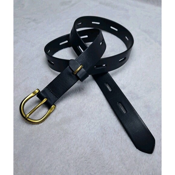 Madewell Black Leather Belt Womens Sz Small Slotted Brass Buckle Classic - Picture 1 of 9